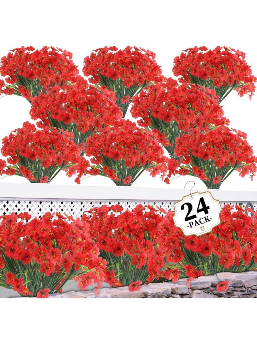 24 Red Artificial Flowers - Vibrant Fake Plants for Indoor/Outdoor Decor